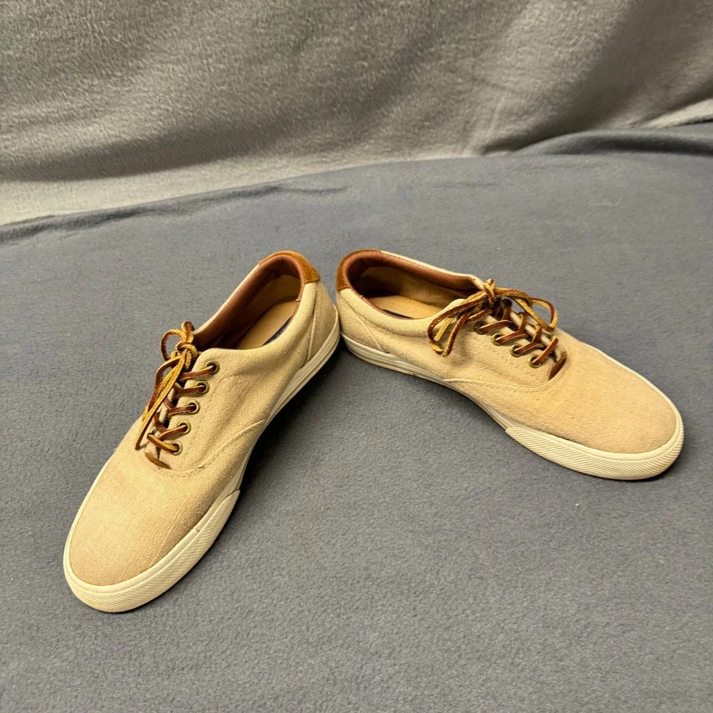 Polo Ralph Lauren Sneakers Mens 8.5 D Vaughn Flax Linen Suede Tan Brown Preppy